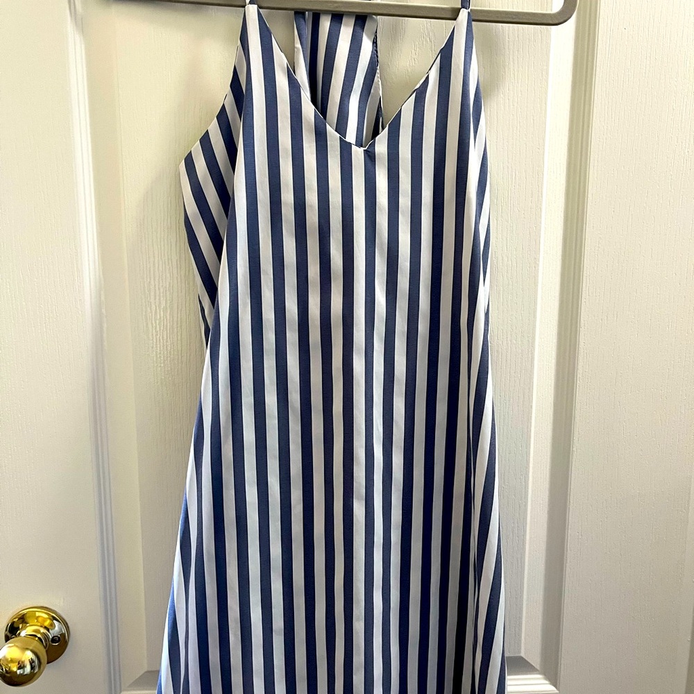 Blue and white striped shift dress